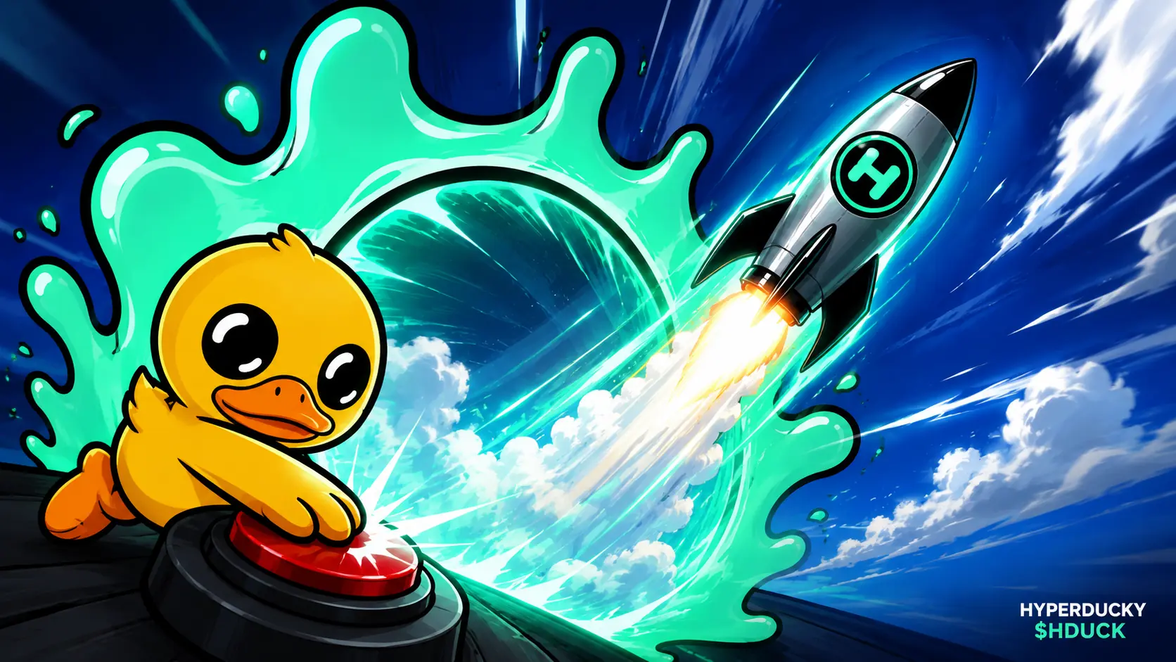 Cinematic scene of HyperDucky pressing a red launch button as an H-branded rocket takes off through a mint portal